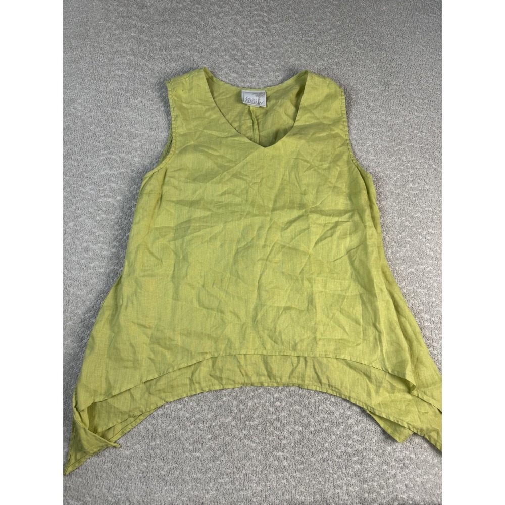 La Fixsun Tank Top Womens Medium Green 100% Linen‎ V Neck Tunic High Low USA